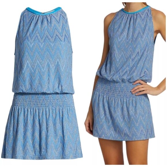 NWT Ramy Brook Blue Chevron Smocked Mini Dress Halterneck Size L - Picture 5 of 10